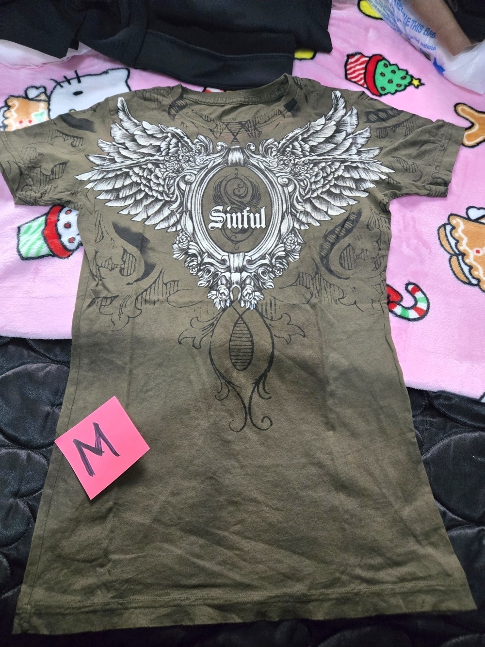 Sinful Womens  Olive Short-Sleeve Wing Graphic Tee Nwnt